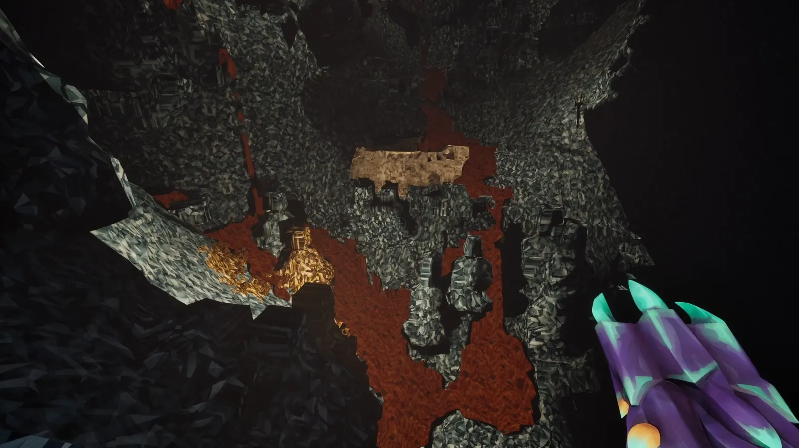A raw cavern before Dormancy, cut by rivers of molten lava