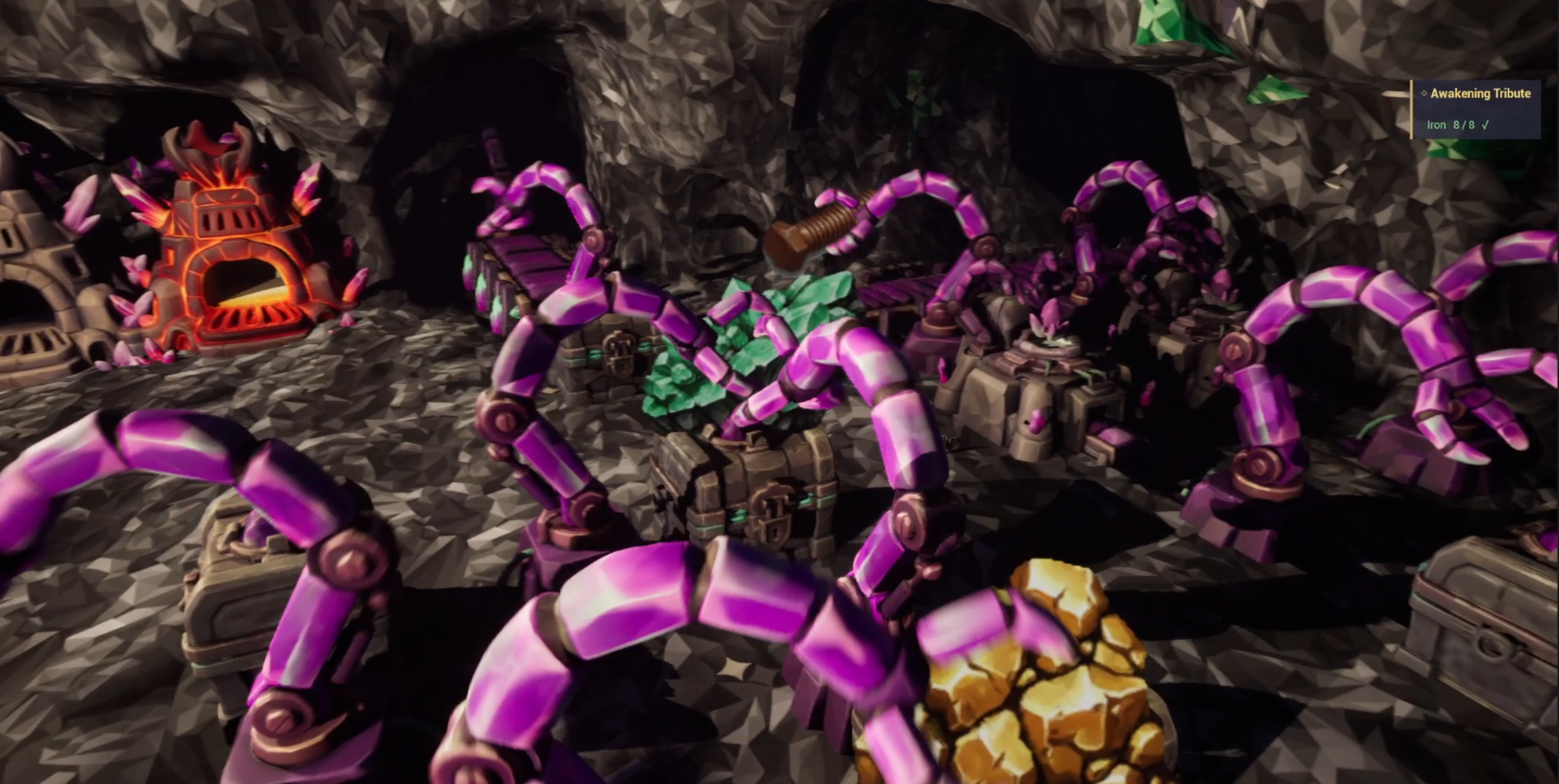 Mechanical spider creatures with segmented purple legs guarding a cave chamber