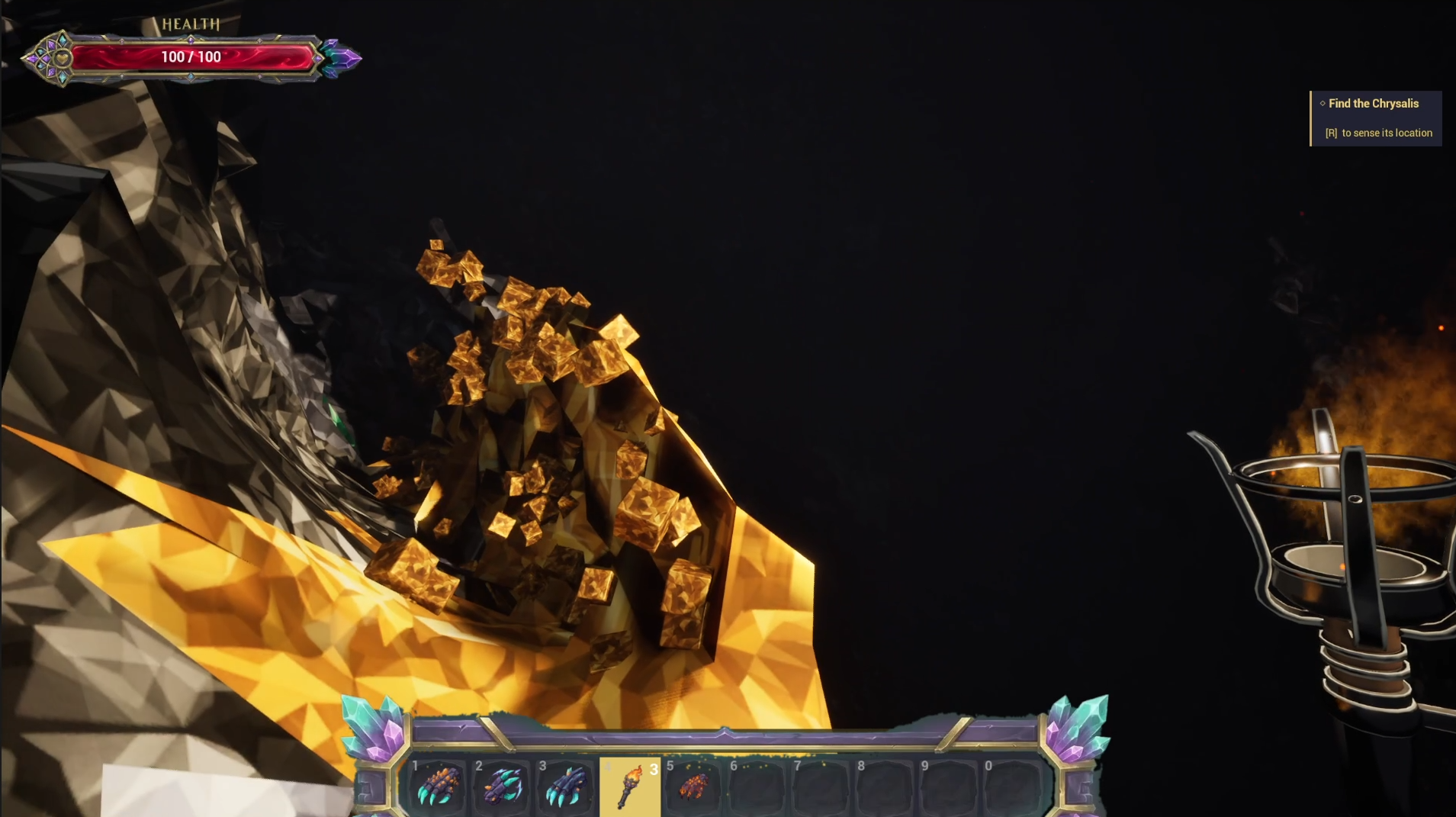 Massive golden mineral vein exposed in a dark cavern