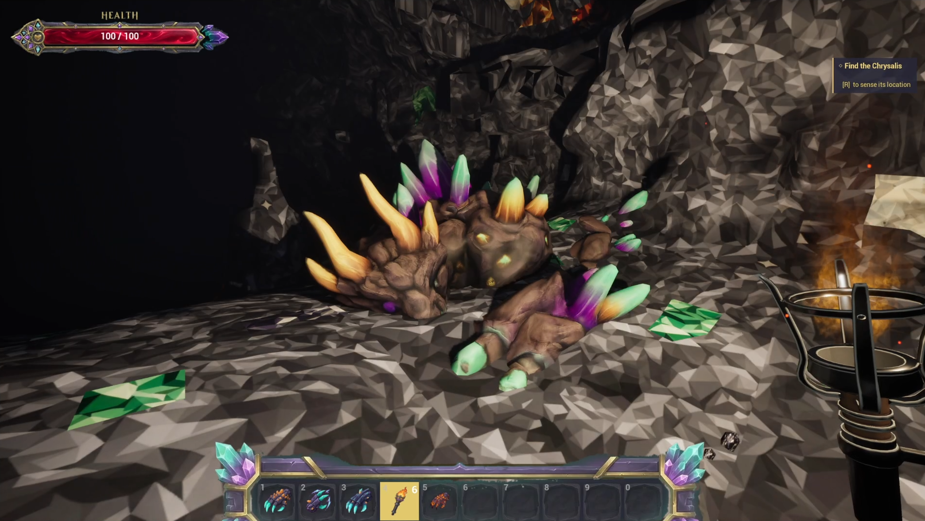 Crystal-covered cave creature surrounded by colorful mineral deposits
