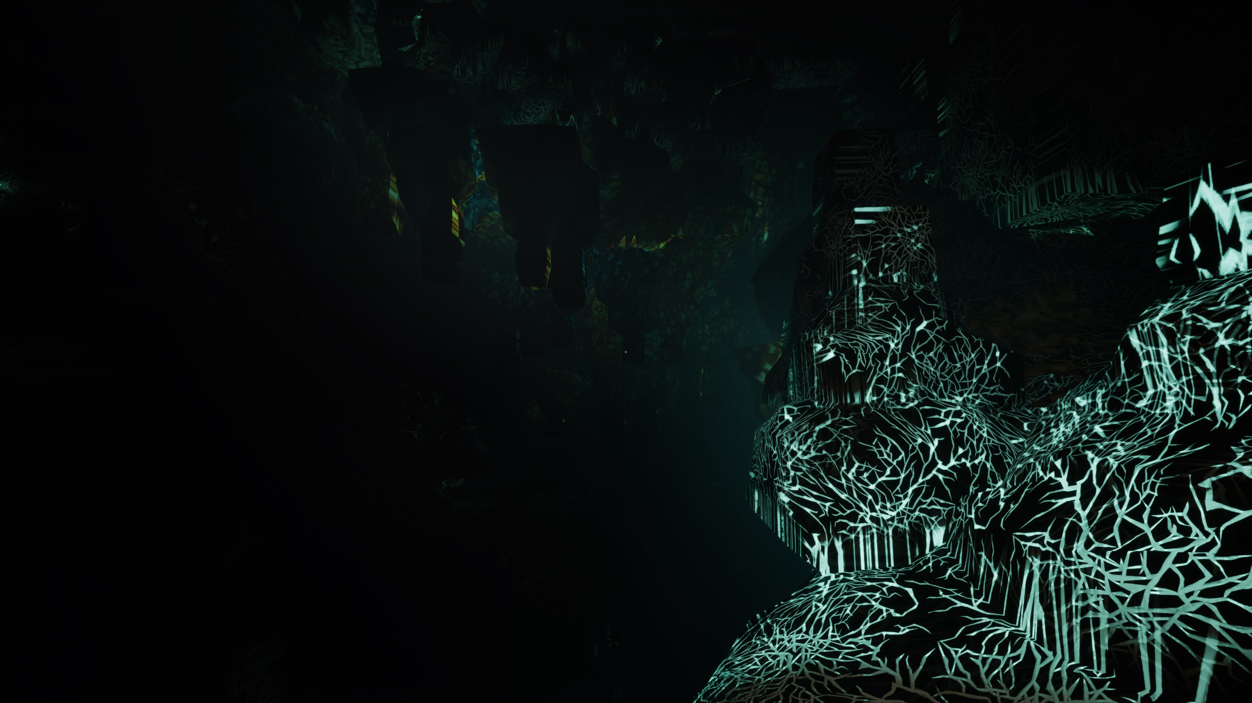 Dark cavern illuminated by glowing teal bioluminescent stress wireframe