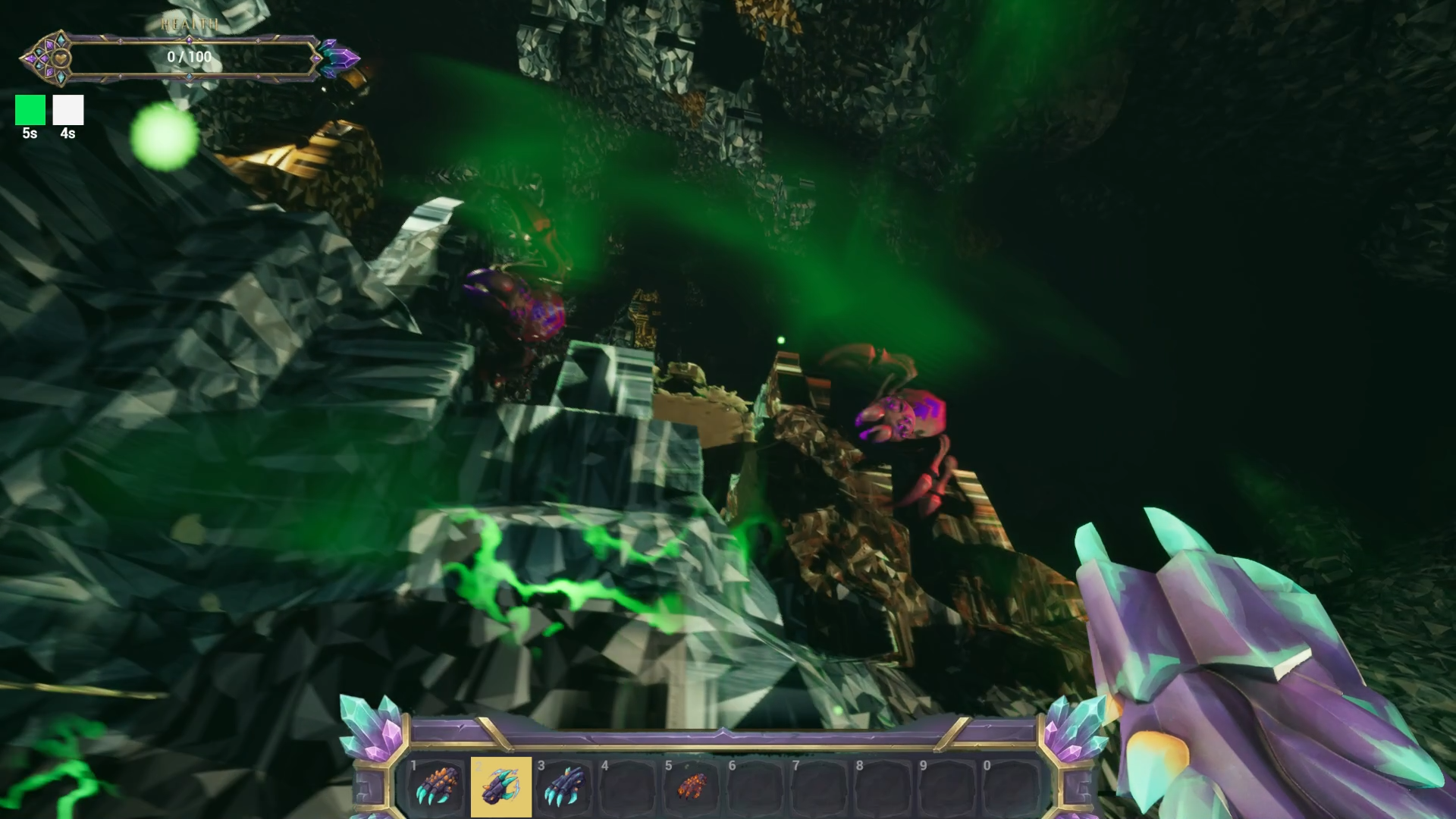 Spider combat with green poison clouds in a dark cavern