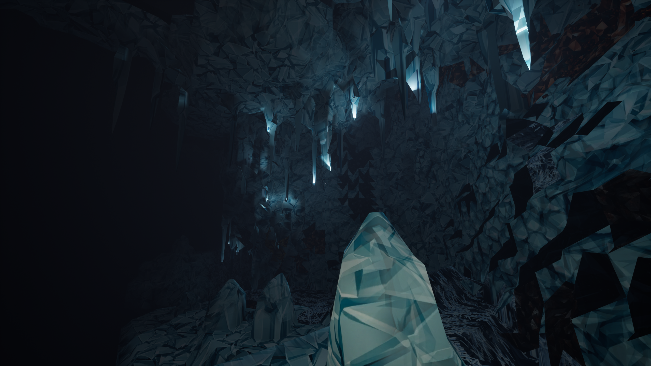 Icy crystal cavern with glowing stalactites and diamond formations