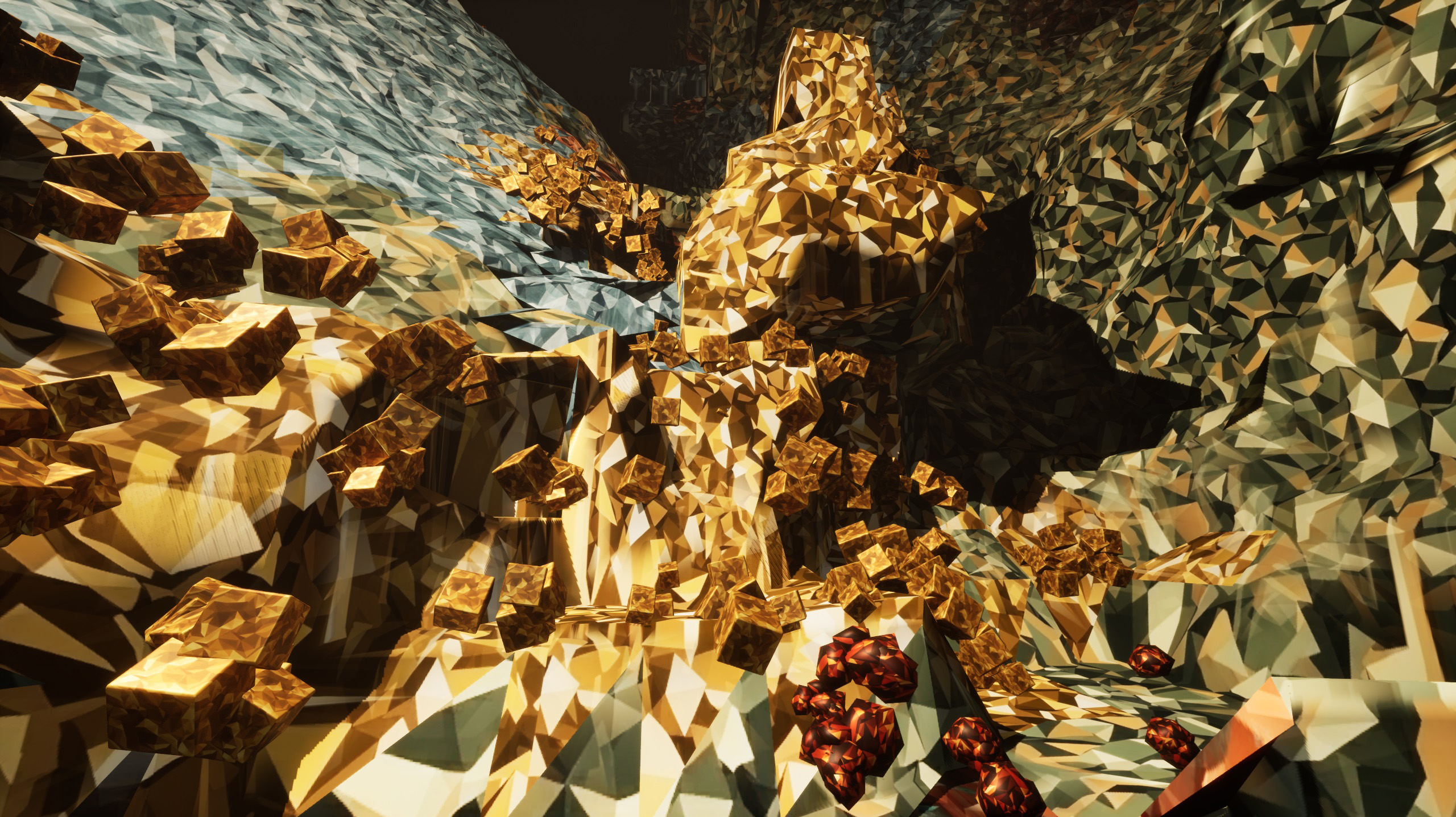Glittering pyrite crystal formations covering a cave wall in gold